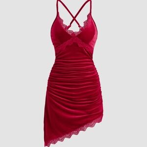 NWT Cider Red Velvet Ruched Dress Velvet Mini Midi Large Med Bodycon V Neck